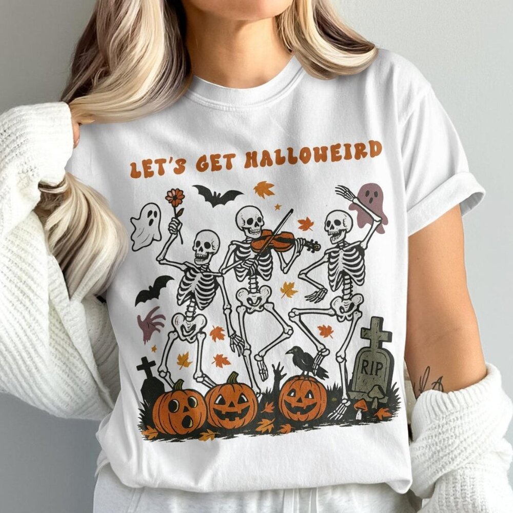 Lets Get Halloweird T-Shirt, Halloween Skeletons Party Tee - Picture 1 of 3